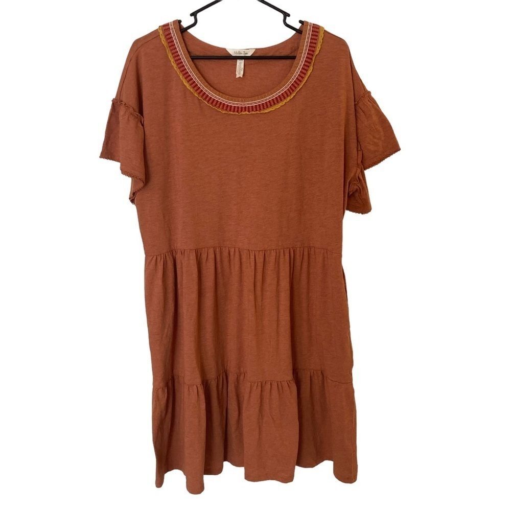Matilda Jane Dress Short Sleeve Ruffles Women's XL Rust Color Pockets Crew Neck